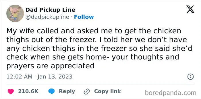 Funny marriage tweet by Dad Pickup Line about a husband failing to find chicken thighs in the freezer.
