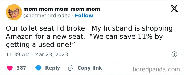 Funny marriage tweets about a husband wanting to buy a used toilet seat to save money