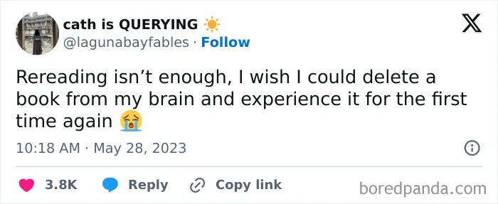 Tweet about wishing to delete a book from memory and reread for first time