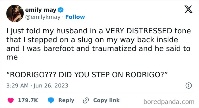 A funny text post about stepping on a slug, shared in a post showcasing Marriage Tweets.