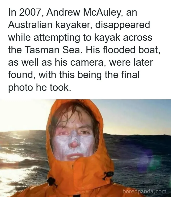 Andrew McAuley final photo before disappearing, highlighting creepy facts and news stories from his sea voyage.