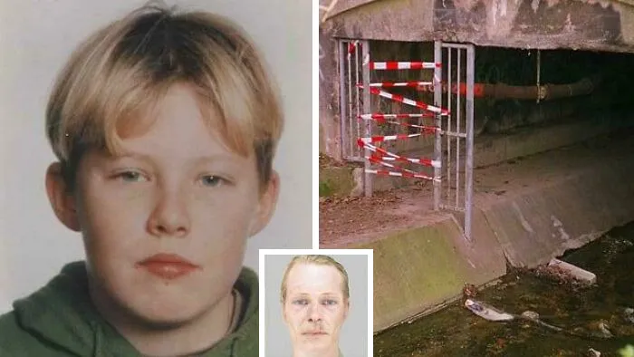 Portraits of a missing boy and an age progress sketch next to a drainage site related to creepy mysteries.