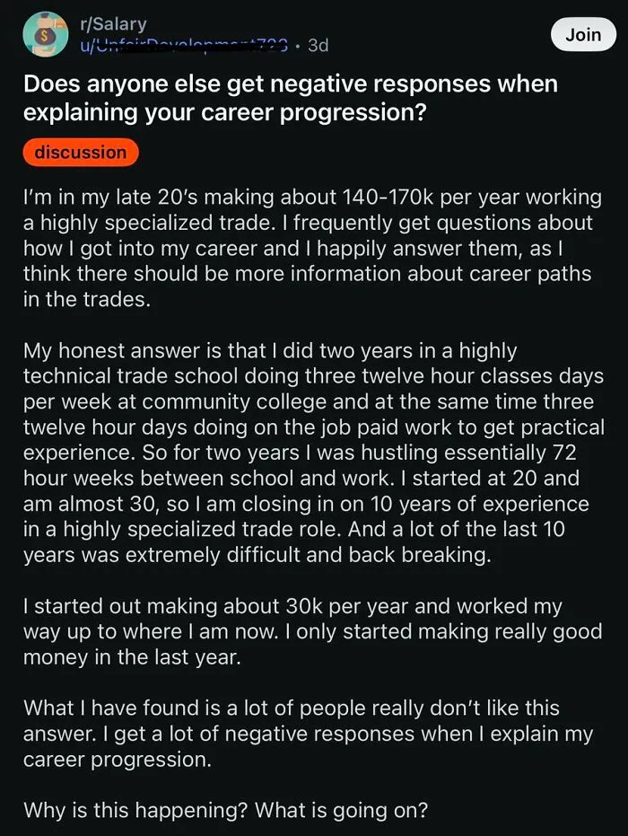 Reddit discussion about negative responses when explaining career progression in specialized trades