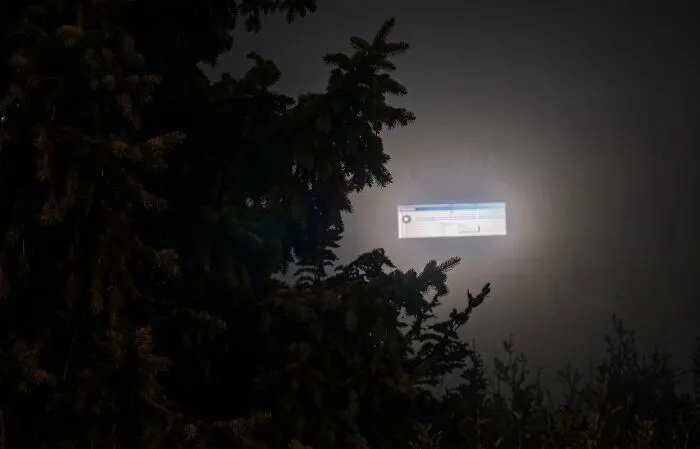 Computer error message reflected in trees during night glitch