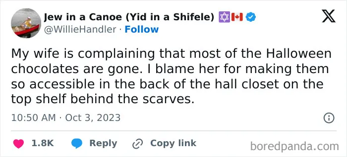 A relatable Halloween tweet about eating hidden chocolate.