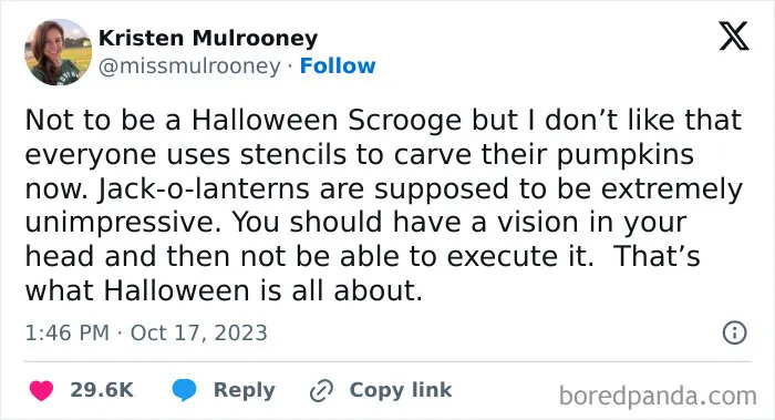 Tweet expressing humor about carving pumpkins during spooky season