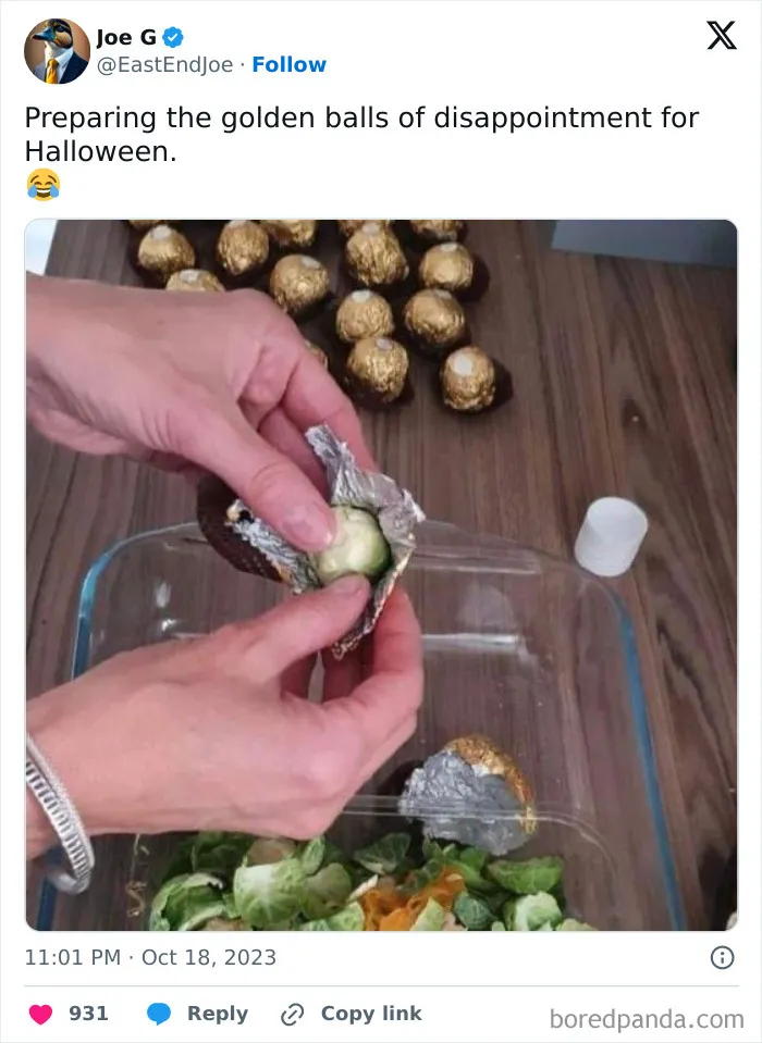 A post by Joe G showing Brussels sprouts being wrapped in gold foil as a prank, featured in Halloween Tweets.