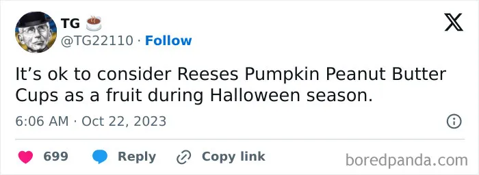 Funny Halloween tweets calling Reese's Peanut Butter Pumpkin cups a seasonal fruit.