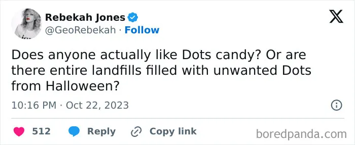 Relatable tweet asking if anyone actually likes Dots candy for Halloween.