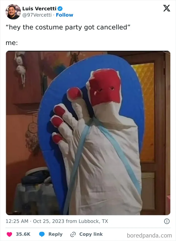 Hilarious Halloween tweet about cancelled costume parties featuring a person dressed as a flip-flop.