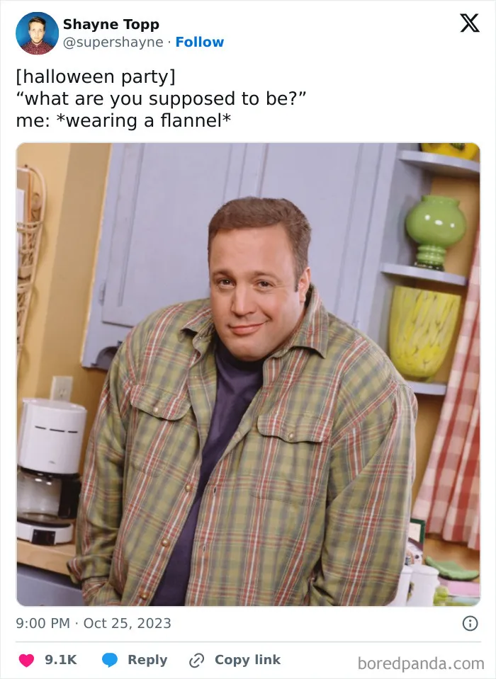 Hilarious Halloween tweet with a picture of Kevin James wearing a plaid flannel shirt as a simple costume.