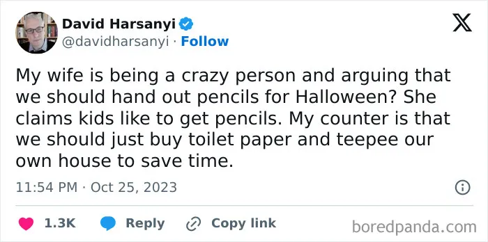 Halloween post with a funny tweet about giving out pencils versus toilet papering a house.