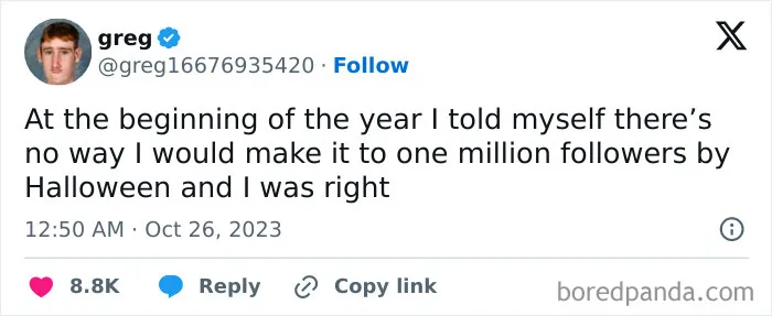 A funny Halloween tweet about setting realistic follower goals for the holiday.