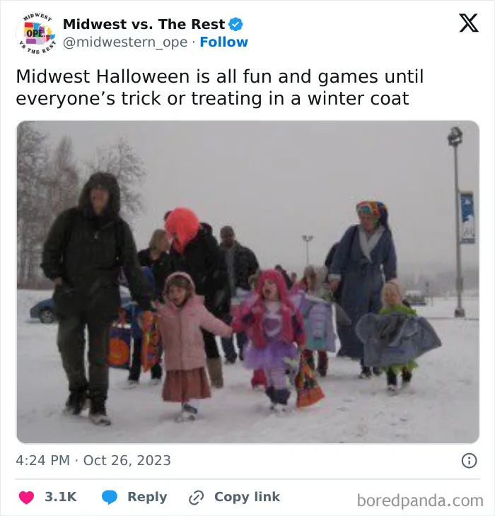Relatable Halloween tweets joke about Midwest kids wearing winter coats over trick or treat costumes in snow.