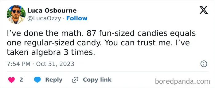 A funny post from a social media user sharing hilarious Halloween tweets about fun-sized candy math.