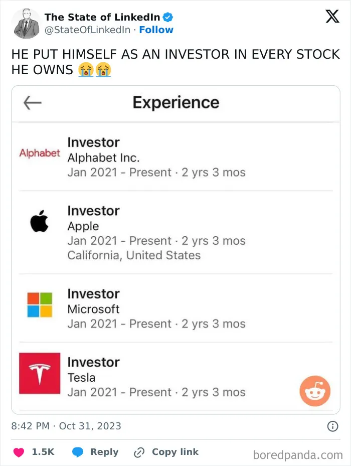Screenshot of LinkedIn experience listing investor roles at major companies