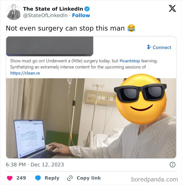 LinkedIn post about continuing work despite surgery in hospital