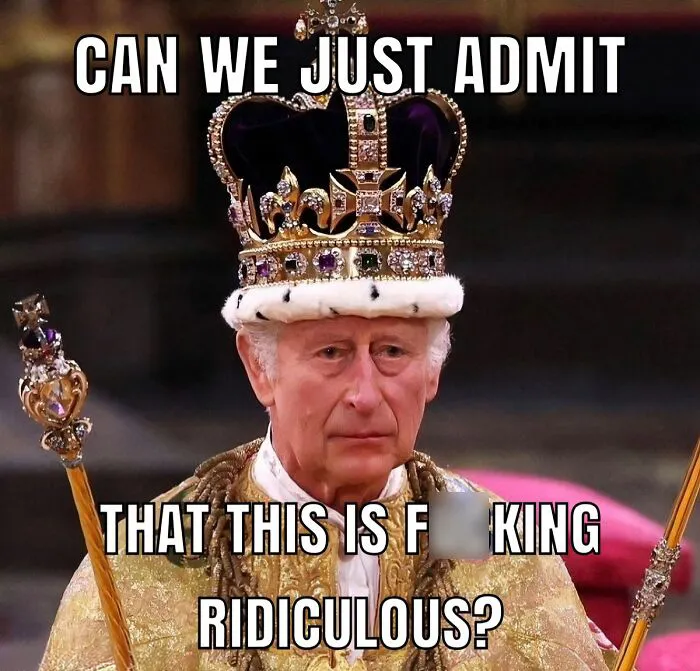 A photo of King Charles wearing a large crown, used in popular British memes.