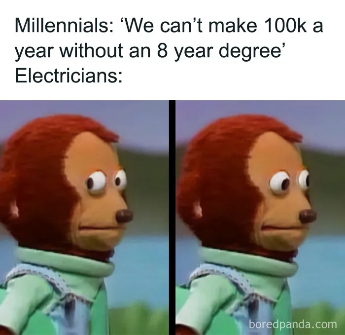 Construction fails meme with side-eye monkey puppet reacting to electrician salary jokes.
