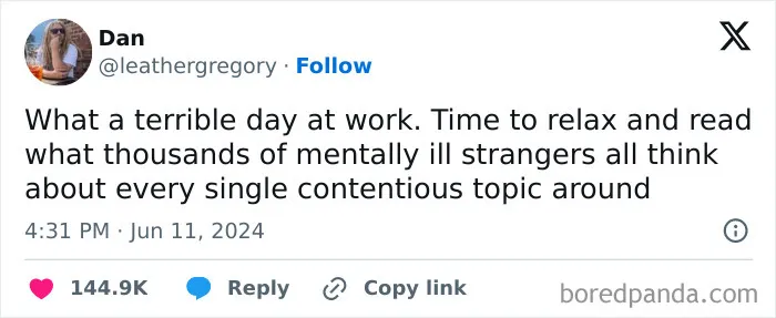 A social media post about winding down after a bad day, featured in relatable work tweets.