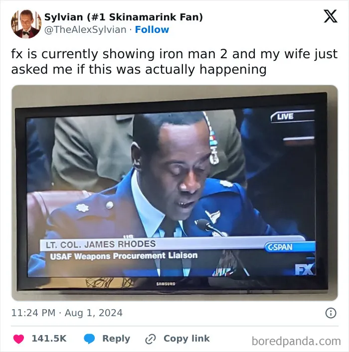 Post showing a TV displaying Iron Man 2 news scene, part of entertaining and silly posts online.
