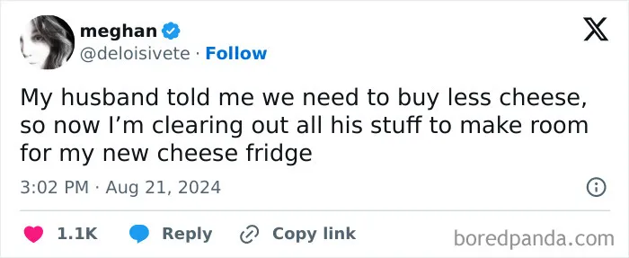 Relatable marriage tweets about getting a dedicated cheese fridge despite husband asking to buy less cheese.