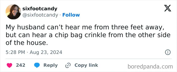 Funny marriage tweets about a husband who selectively hears chip bags opening from across the house.
