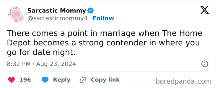 Funny marriage tweets about date night at Home Depot by Sarcastic Mommy.