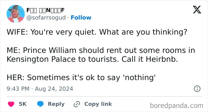 Hilarious marriage tweets sharing random thoughts like Heirbnb for Kensington Palace.