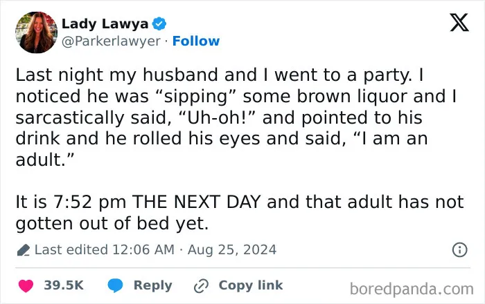 Humorous marriage tweets about a husband staying in bed all day after a night out drinking.