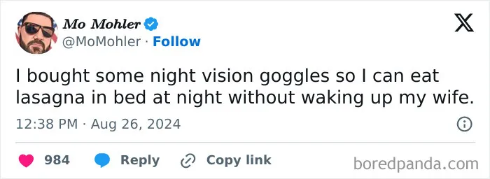 Funny marriage tweets about wearing night vision goggles in bed to eat late night lasagna.