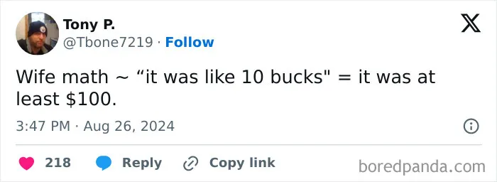 Funny marriage tweet by Tony P. joking about wife math and spending estimations.