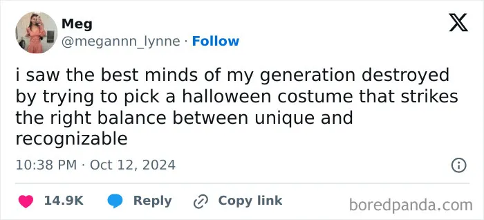 Social media post discussing the struggle of picking unique Halloween costumes for spooky season