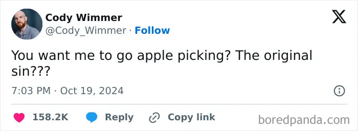Relatable Halloween tweet joking about the concept of going apple picking.