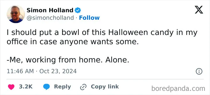 Funny social media post about eating Halloween candy while working from home.