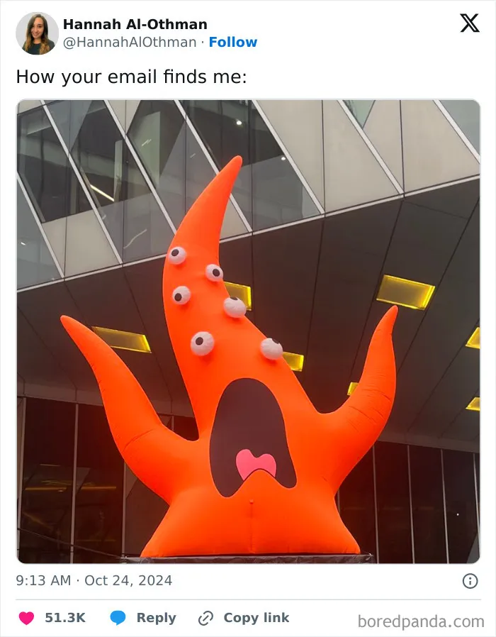 An inflatable orange monster representing how emails find people, featured in relatable Halloween tweets.