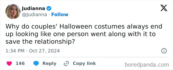 A social media post questioning couples Halloween costumes, featured in relatable Halloween Tweets.