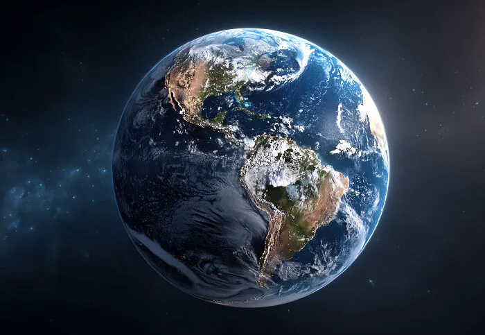 Earth planet view from space showing Americas continents