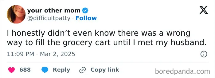Amusing marriage tweets about finding out there is a wrong way to fill a grocery cart.