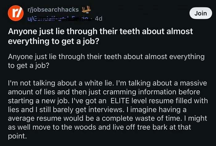 Reddit post discussing lying extensively to get a job