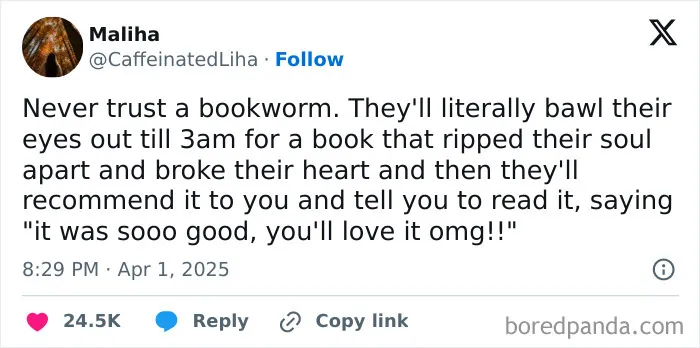 Bookworm meme about emotional late-night reading and strong book recommendations