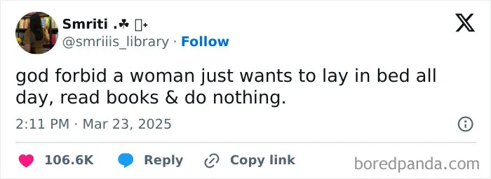 Tweet about wanting to stay in bed all day reading books and doing nothing