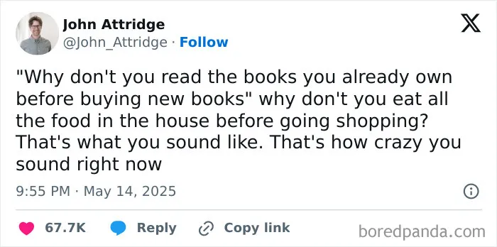 Tweet about reading books owned before buying new books humor