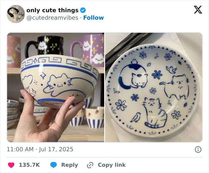 Ceramic bowl and plate featuring cute cat illustrations in blue