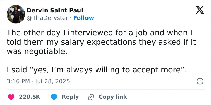 Humorous work tweets discussing salary expectations during a job interview.