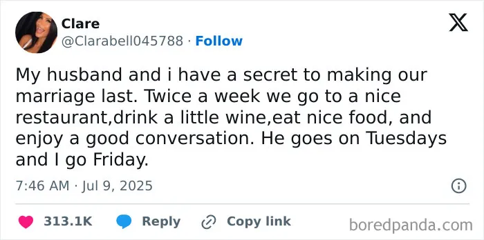 Funny post from a collection of marriage tweets about a couple going to dinner on separate days.