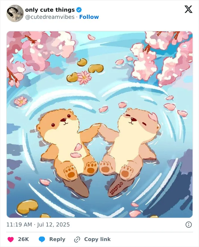 Illustration of two otters holding hands floating in water with cherry blossoms