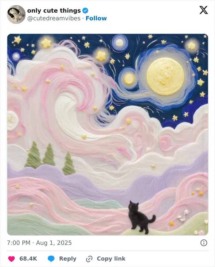 Whimsical wool art of a black cat under a colorful starry night sky