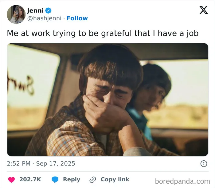A relatable work tweet with a crying character meme about trying to be grateful