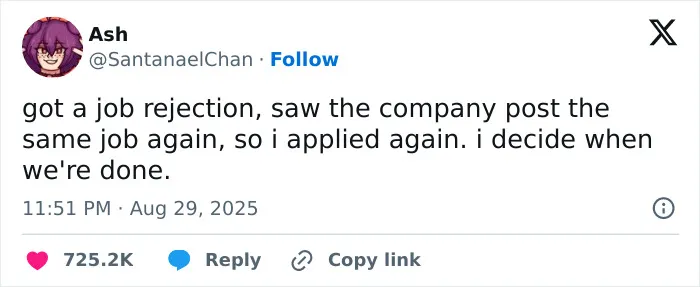 Relatable work tweets about reapplying to a job after receiving a rejection.